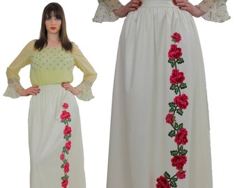 White floral skirt embroidered boho dress vintage 1970s rose appliqué cocktail party roses motif Medium