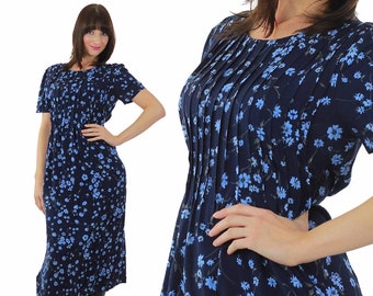 90er Grunge Kleid blau Blumen Print Babydoll high waist Kurzarm Medium