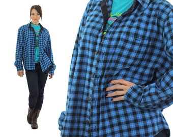Vintage 90s Blue plaid shirt flannel Lumberjack black checkered