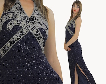 Vestido de fiesta vintage de los años 80 Fiesta de cóctel azul con cuentas de lentejuelas Espalda abierta S