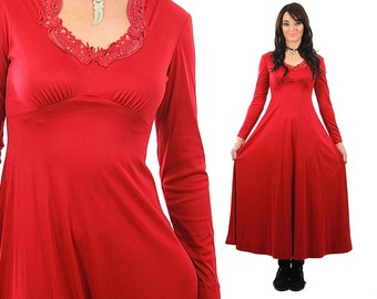Boho maxi dress vintage 70s hippie red formal glam gown Medium