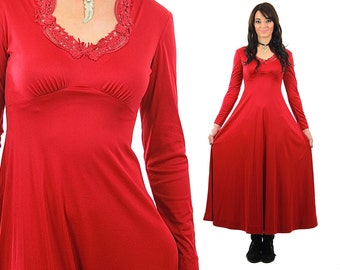 Maxi vestido boho vintage años 70 hippie rojo formal glam vestido Medium