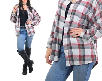 Plaid flannel shirt red white long sleeve button down Lumberjack hipster unisex Extra Large