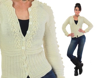 Nordic sweater vintage Cable Knit Cardigan Chunky Pearl Button Up Medium