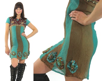 Vintage Boho Sage Dress | 1970s Floral Embroidered Dress | Silk Patchwork Dress | Summer Party Dress | High Waist | Boho Hippie Dress