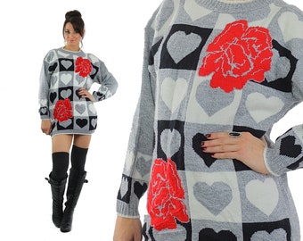 Heart sweater vintage 80s black white Color block Graphic rose print Large