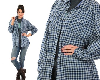 Vintage Blue Plaid Shirt | 1990s Grunge Shirt Women | Button up Flannel Shirt | Long Sleeve | Checkered-Collared-Western Shirt