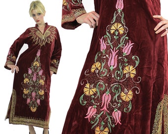 Boho Samt Kaftan Kleid Vintage 60s Hippie Festival Türkisch bestickte samtige Metallic-Stickerei lose Passform überdimensionale M L
