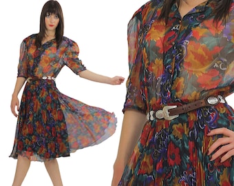 Vestido vintage boho transparente com botões, saia completa, abstrato, plissado, cintura alta, estampa floral ousada, M
