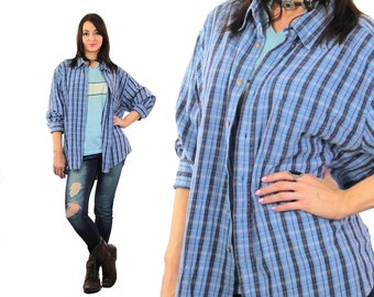 Vintage Blue Plaid Shirt | 1990s Grunge Shirt Women | Button up Flannel Shirt | Long Sleeve | Checkered-Collared-Western Shirt