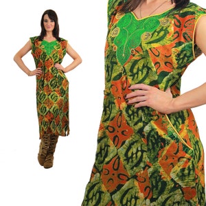 Neon sleeveless shift dress  Vintage 70s A line boho tribal geometric  Green Bohemian festival sundress Medium