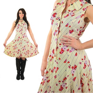 Mod floral dress Vintage 60s psychedelic button down shirt dress striped sleeveless shift sundress Hippie Boho festival dress  M Medium