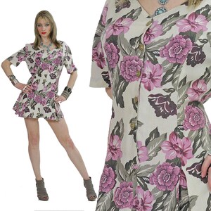 Floral grunge dress 90s button up short sleeve mini length Medium
