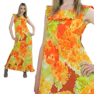 Neon floral maxi dress 70s boho hippie tie dye abstract orange yellow bohemian festival sleeveless sundress M Medium