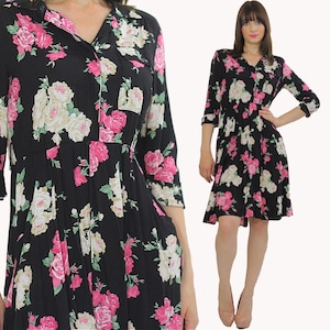 80s floral rose collar dress button down secretary casual Medium