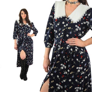 Vintage 90s Grunge black floral button up boho midi dress