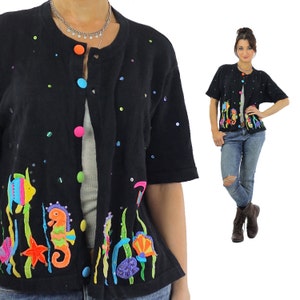 Vintage rainbow sweater Embellished appliqué animal cardigan Large