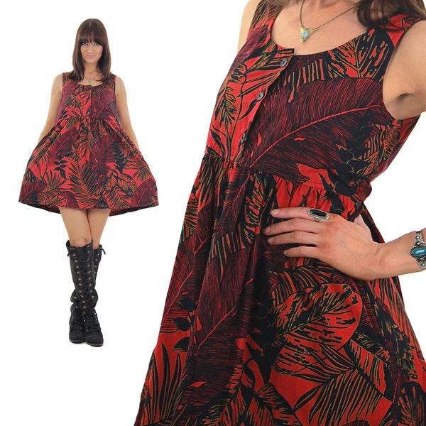 Vintage 90s grunge sun dress floral grunge dress Boho babydoll Skater Dress Hipster Dress Red tropical dress Boho  Mini Dress