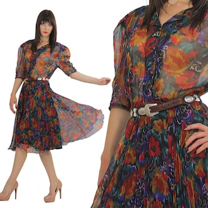 Vintage 80s boho sheer button up dress full skirt abstract  pleated high waist Bold floral print  M