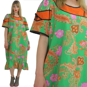 Vintage 70s boho dress green mod paisley print hippie boho Large