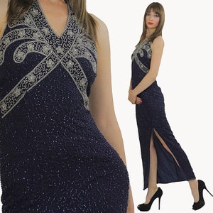 Vintage 80s prom dress Sequin beaded blue cocktail party Open back S