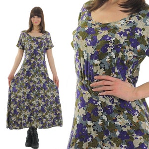 Vintage 90s grunge dress floral purple cream baby doll maxi dress scoop neck M Medium