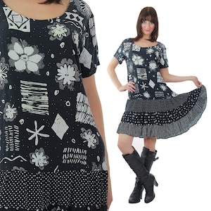 90s grunge dress goth dark floral print patchwork Fit and Flare Tiered Ruffle large