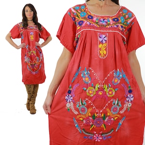 Vintage 70s Mexican dress red Oaxacan embroidered dress boho hippie floral dress