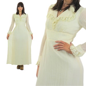 60s 70s prairie dress hippie boho wedding cottagecore maxi length cream Medium