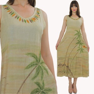 Tropical gauze dress Hippie Bohemian island maxi  dress tribal beige summer sundress M Medium