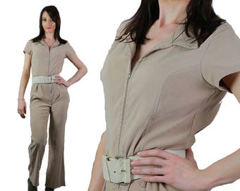 Beige  zip up  jumpsuit M Medium  Vintage 1980s  ultra suede romper short sleeve disco playsuit