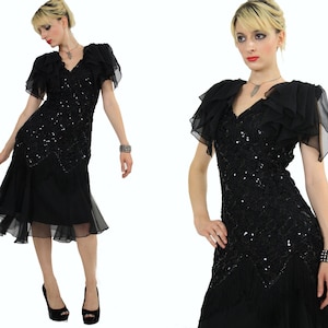90s prom dress goth black sequin Deep V Medium