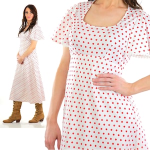 Vintage 70s red polkadot maxi dress flutter sleeve boho hippie empire wait M