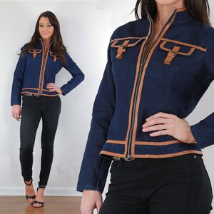 Mod denim jacket vintage 80s retro blue iridescent denim pleather trimmed coat S/M