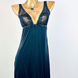 Victoria Secret lingerie slip dress black lace trim deep V plunging large