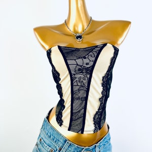 90s lace bustier crop top sheer mesh see through corset top size Large