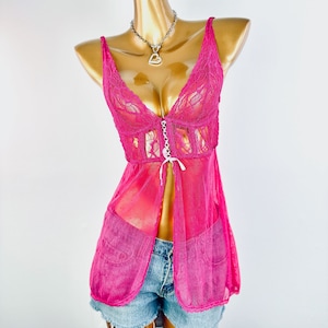 Vintage y2k grunge fairy babydoll lingerie top pink lace camisole see through shirt size small