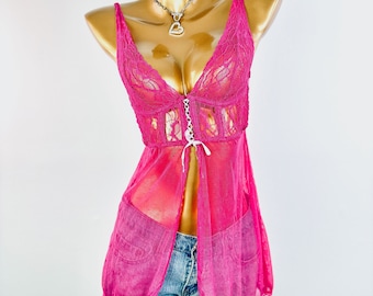 Vintage y2k grunge fairy babydoll lingerie top pink lace camisole see through shirt size small