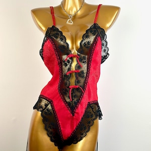 Vintage 80s teddy lingerie victorias secret gold Label Red black Medium