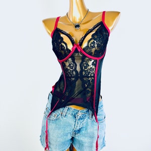 90er Jahre Bustier Corset Top Bone Gothic Dessous durchsichtig schwarz rot groß