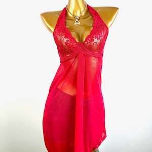 Rotes Slip Dress 90er Jahre Babydoll Lingerie Nachthemd Spitze Mini Floral 1990er Jahre Vintage Empire Taille Boho Medium