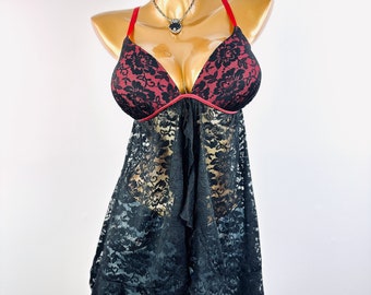 ヴィンテージ ランジェリー シースルー ベビードール トップ ゴシック ブラック レース キャミソール 2X