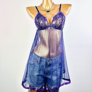 Vintage babydoll lingerie nightie see through purple lace camisole
