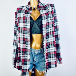 Vintage Mens flannel shirt White plaid button up shirt 90s Grunge size Medium
