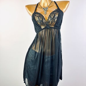 90s goth lingerie babydoll nightie slip dress sheer see through black