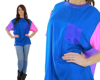 80s geometric shirt color block top silk slouchy oversized tee short sleeve Medium
