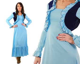Vintage 70s velvet dress blue formal evening cocktail long sleeve Small