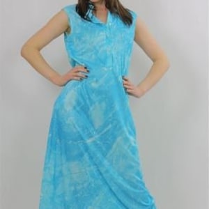 Vintage 70s Blue Tie Dye Hippie Boho aqua blue button up Maxi Dress