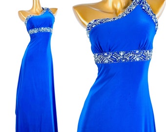 90s blue prom dress long vintage beaded sequin one shoulder size 5