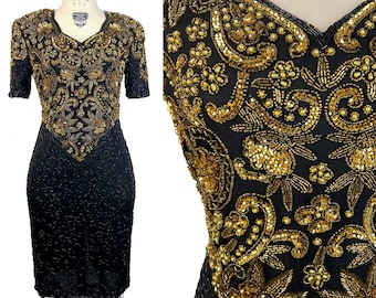 Vestido de fiesta años 80 corto negro dorado etiqueta Scala Pequeño
